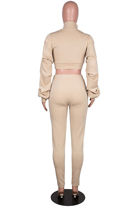 Red Autumn Winter Newest Ruffle Sleeve Zip Front Crop Tops Pencil Pants Sport Sets MD445-3
