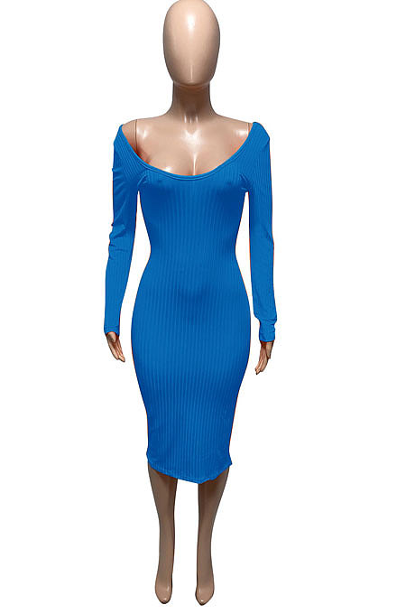 Light Blue Euramerican Women Autumn Winter V Collar Off Shoulder Solid Color Ribber Bodycon Sexy Long Dress Q951-6