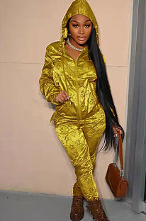Gold Yellow Fashion Casual Print Long Sleeve Hoodie Pencil Pants Reflective Sets TK6200-1