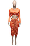 Green Euramerican Women Autumn Bodycon Tops Solid Color Ruffle Hip Sexy Skirts Sets Q960-5