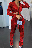 Brown Women Korea Velvet Ruffle Drawsting Sexy V Collar Pure Color Crop Pants Sets XQ1147-6