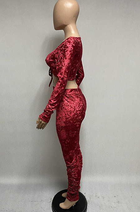 Black Women Korea Velvet Ruffle Drawsting Sexy V Collar Pure Color Crop Pants Sets XQ1147-3