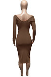 Pink Euramerican Women Autumn Winter V Collar Off Shoulder Solid Color Ribber Bodycon Sexy Long Dress Q951-3