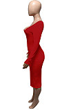 Orange Euramerican Women Autumn Winter V Collar Off Shoulder Solid Color Ribber Bodycon Sexy Long Dress Q951-4