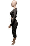 Green Euramerican Women Autumn Bodycon Tops Solid Color Ruffle Hip Sexy Skirts Sets Q960-5