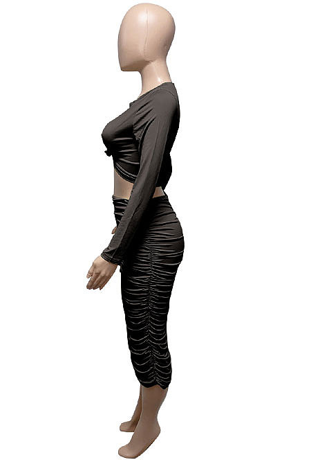 Green Euramerican Women Autumn Bodycon Tops Solid Color Ruffle Hip Sexy Skirts Sets Q960-5