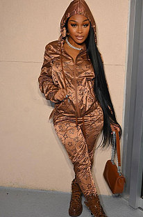 Coffee Fashion Casual Print Long Sleeve Hoodie Pencil Pants Reflective Sets TK6200-3