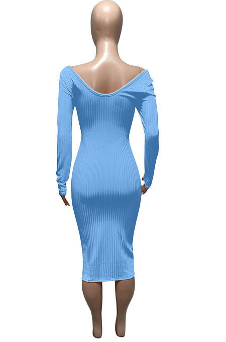 Blue Euramerican Women Autumn Winter V Collar Off Shoulder Solid Color Ribber Bodycon Sexy Long Dress Q951-8
