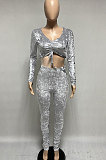 Gray Women Korea Velvet Ruffle Drawsting Sexy V Collar Pure Color Crop Pants Sets XQ1147-2