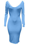 Red Euramerican Women Autumn Winter V Collar Off Shoulder Solid Color Ribber Bodycon Sexy Long Dress Q951-5
