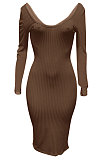 Beige Euramerican Women Autumn Winter V Collar Off Shoulder Solid Color Ribber Bodycon Sexy Long Dress Q951-2