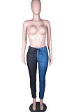 Blue Black Casual Spliced Drawsting Ruffle Jean Pants N9302