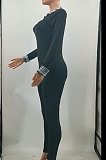 Light Blue Simple Newest Spliced Long Sleeve Zip Front  Collect Waist Bodycon Jumpsuits TK6199-7