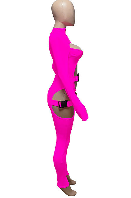 Black Women Sexy Club Wear Buckle Pure Color Zipper Bodycon Jumpsuits Q955-1