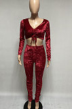 Blue Women Korea Velvet Ruffle Drawsting Sexy V Collar Pure Color Crop Pants Sets XQ1147-4