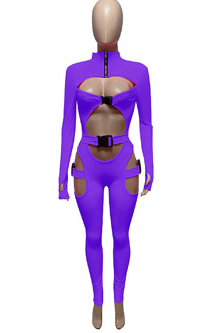 Neon Green Women Sexy Club Wear Buckle Pure Color Zipper Bodycon Jumpsuits Q955-6