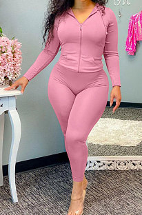 Pink Wholesale Casual Long Sleeve Zip Front Hooded Coat Pencil Pants Sport Sets OH8091-3