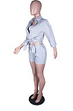 Brown Modest Pure Color Long Sleeve Lapel Neck Single-Breasted Shirts Shorts Sets N9304-1