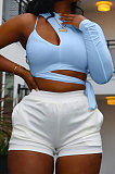 Black Personality Pure Color Single Sleeve Side Bandage Bodycon T-Shirts KY3098-1