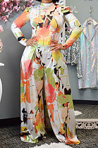 Orange Women Autumn Winter Long Sleeve T Shirts Wide Leg Pants Printing Pants Sets RMH8944-1