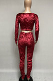 Wine Red Women Korea Velvet Ruffle Drawsting Sexy V Collar Pure Color Crop Pants Sets XQ1147-1