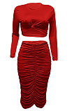 Light Blue Euramerican Women Autumn Bodycon Tops Solid Color Ruffle Hip Sexy Skirts Sets Q960-4