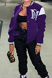 Black Casual Webbing Spliced Letter Print Long Sleeve Cardigan Baseball Jacket HG138-4