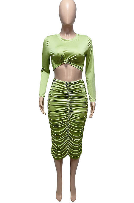 Light Blue Euramerican Women Autumn Bodycon Tops Solid Color Ruffle Hip Sexy Skirts Sets Q960-4