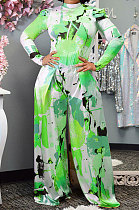 Green Women Autumn Winter Long Sleeve T Shirts Wide Leg Pants Printing Pants Sets RMH8944-4