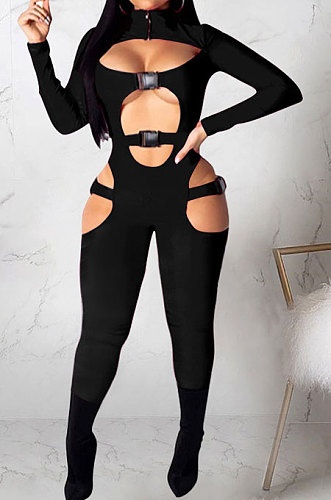 Black Women Sexy Club Wear Buckle Pure Color Zipper Bodycon Jumpsuits Q955-1