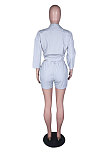 Blue  Modest Pure Color Long Sleeve Lapel Neck Single-Breasted Shirts Shorts Sets N9304-2