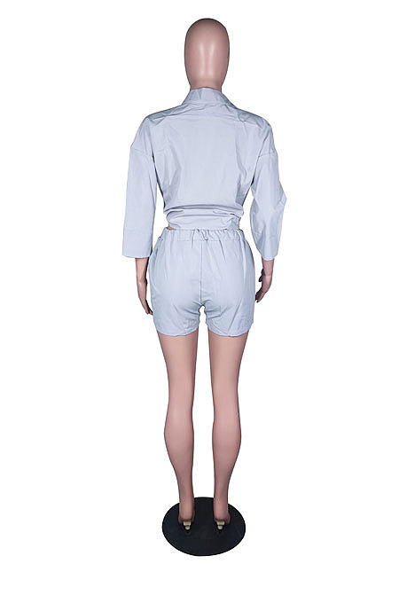 Blue  Modest Pure Color Long Sleeve Lapel Neck Single-Breasted Shirts Shorts Sets N9304-2