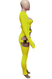 Lemon Yellow Women Sexy Club Wear Buckle Pure Color Zipper Bodycon Jumpsuits Q955-7