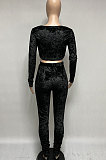 Blue Women Korea Velvet Ruffle Drawsting Sexy V Collar Pure Color Crop Pants Sets XQ1147-4