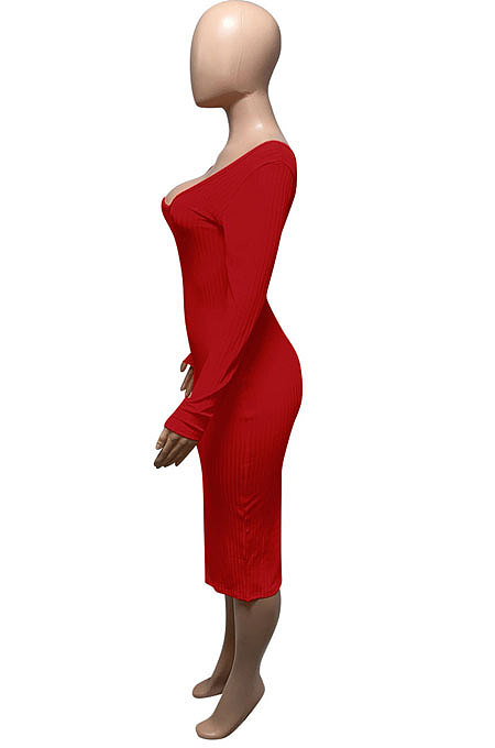 Blue Euramerican Women Autumn Winter V Collar Off Shoulder Solid Color Ribber Bodycon Sexy Long Dress Q951-8