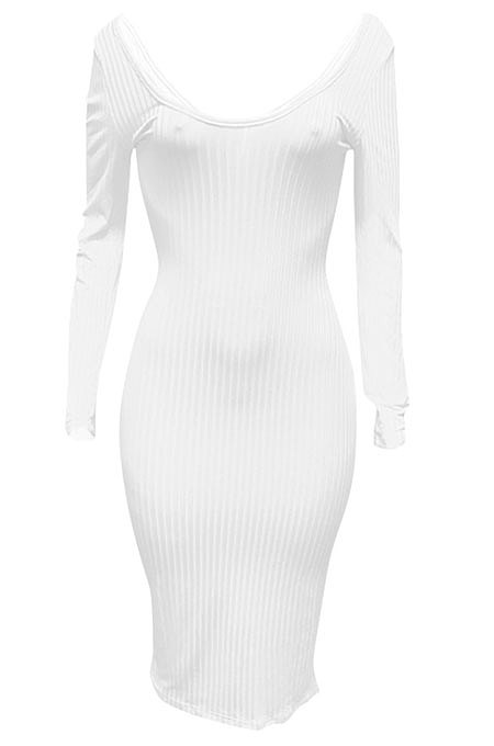 Blue Euramerican Women Autumn Winter V Collar Off Shoulder Solid Color Ribber Bodycon Sexy Long Dress Q951-8