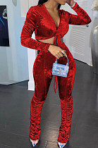 Wine Red Women Korea Velvet Ruffle Drawsting Sexy V Collar Pure Color Crop Pants Sets XQ1147-1