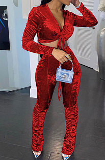 Wine Red Women Korea Velvet Ruffle Drawsting Sexy V Collar Pure Color Crop Pants Sets XQ1147-1