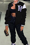 Black Casual Webbing Spliced Letter Print Long Sleeve Cardigan Baseball Jacket HG138-4