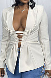 Cream Fashion Simple Long Sleeve Lapel Neck Bandage Suits Coat MTY6589-1
