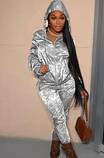 Silvet White Fashion Casual Print Long Sleeve Hoodie Pencil Pants Reflective Sets TK6200-2