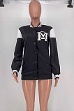 Black Casual Webbing Spliced Letter Print Long Sleeve Cardigan Baseball Jacket HG138-4