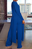 Blue Cottton Blend Round Neck Loose Slit Long T-Shirts Wide Leg Pants Solid Color Sets OH8090-3