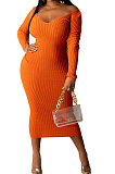 Blue Euramerican Women Autumn Winter V Collar Off Shoulder Solid Color Ribber Bodycon Sexy Long Dress Q951-8
