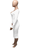 Beige Euramerican Women Autumn Winter V Collar Off Shoulder Solid Color Ribber Bodycon Sexy Long Dress Q951-2