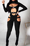 Rose Red Women Sexy Club Wear Buckle Pure Color Zipper Bodycon Jumpsuits Q955-5