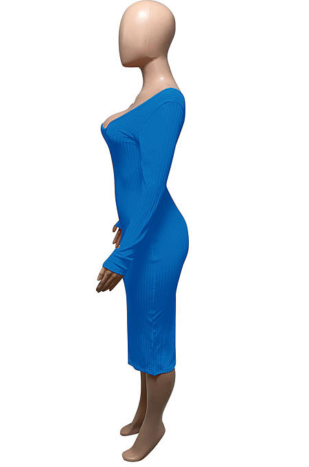 Coffee Euramerican Women Autumn Winter V Collar Off Shoulder Solid Color Ribber Bodycon Sexy Long Dress Q951-9