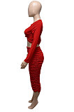 Orange Euramerican Women Autumn Bodycon Tops Solid Color Ruffle Hip Sexy Skirts Sets Q960-1
