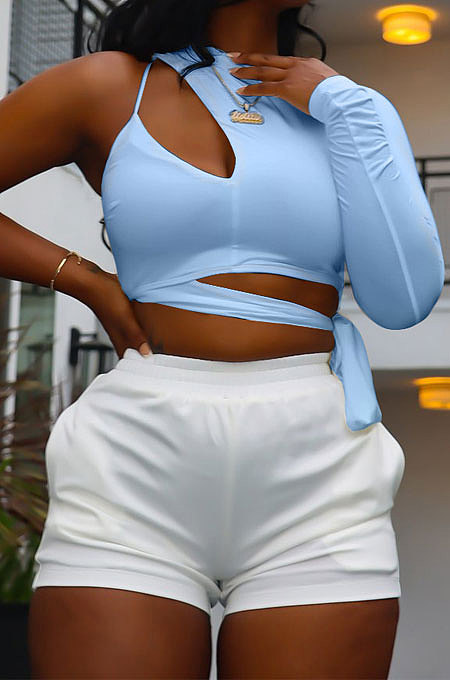 Blue Personality Pure Color Single Sleeve Side Bandage Bodycon T-Shirts KY3098-3