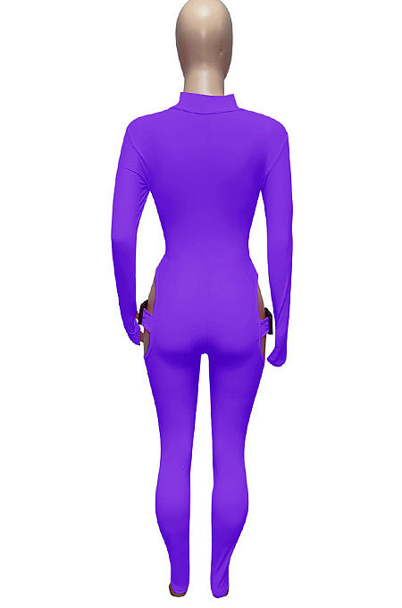 Rose Red Women Sexy Club Wear Buckle Pure Color Zipper Bodycon Jumpsuits Q955-5